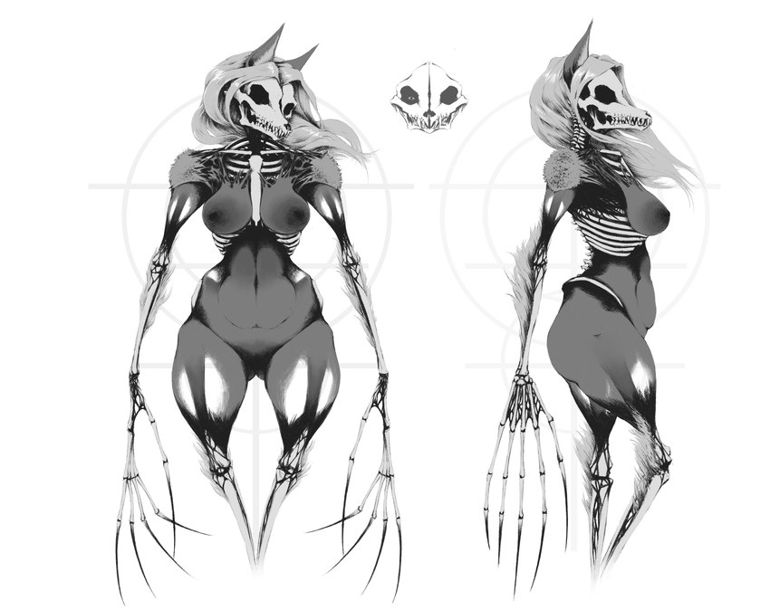 anthro bone breasts butt claws creepy exposed_bone female front_view hair horror_(theme) levitation long_claws long_hair rib_cage side_view skeleton skull skull_head solo supernatural translucent mikelocesterlanders canid canine ghost humanoid mammal skull_dog spirit hi_res monochrome