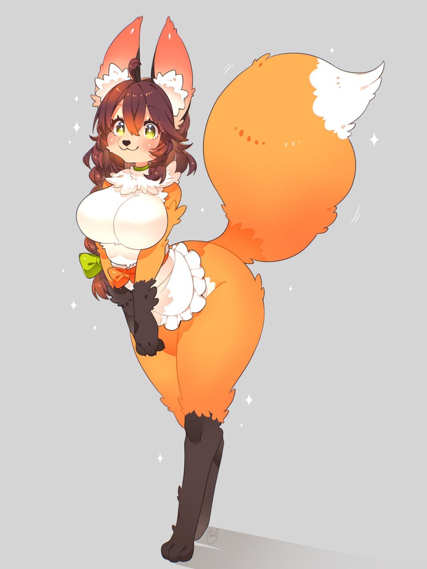 accessory anthro apron apron_only big_breasts big_ears blush bottomless braided_hair breasts brown_hair clothed clothing dipstick_tail eyebrows eyelashes female fur gloves_(marking) green_eyes hair hair_accessory inner_ear_fluff kemono leg_markings looking_at_viewer markings neck_tuft orange_body orange_fur pawpads socks_(marking) solo tail tail_markings thick_thighs tuft white_body white_fur toconikky canid canine fox mammal 2024 hi_res