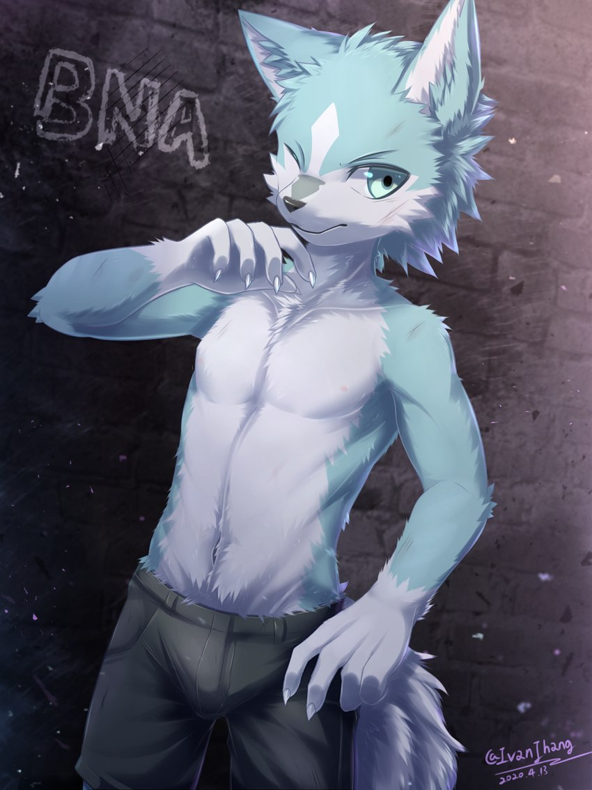 5_fingers anthro biped bulge claws clothed clothing fingers fur green_body green_fur looking_at_viewer male navel one_eye_closed outside raised_arm solo standing topless white_body white_fur ivan-jhang brand_new_animal studio_trigger shirou_ogami canid canine canis mammal wolf 2020 3:4 dated hi_res