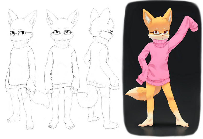 anthro barefoot bottomless clothed clothing dipstick_tail eyewear feet fur glasses leg_markings looking_at_viewer male markings multicolored_tail orange_body orange_fur oversized_clothing oversized_sweater oversized_topwear pink_clothing pink_sweater pink_topwear red_eyes socks_(marking) solo sweater sweater_only tail tail_markings toes topwear topwear_only cubber_(artist) paraphore lana_(characters) lana_(paraphore) canid canine fox mammal colored multiple_images