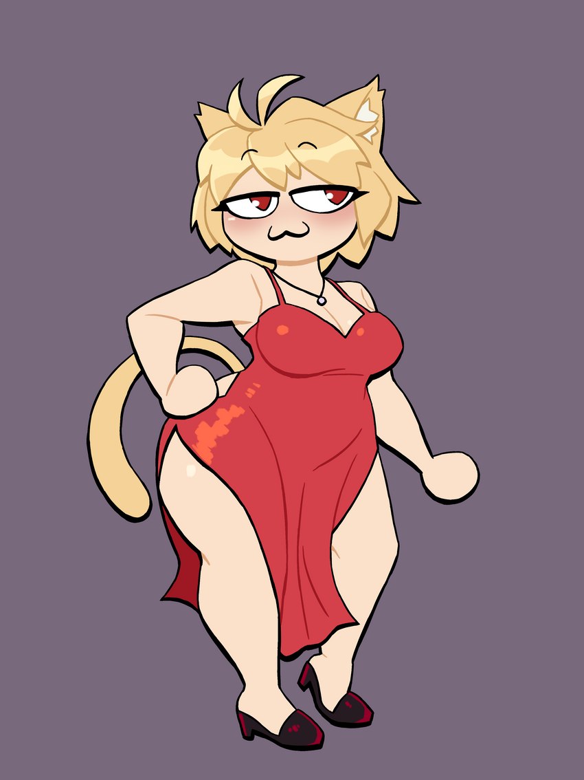 :3 blush clothing dress featureless_hands female footwear hand_on_hip high_heels light_body light_skin red_clothing red_dress shoes simple_background smug solo lovetopullmicke tsukihime type-moon neco-arc animal_humanoid cat_humanoid felid felid_humanoid feline feline_humanoid humanoid mammal mammal_humanoid absurd_res hi_res