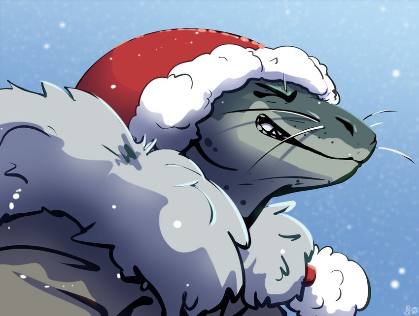 anthro blue_background christmas_clothing christmas_headwear clothing eyes_closed female fur_trim_(clothing) hat headgear headwear holidays jacket outside santa_hat simple_background smile snow snowing solo teeth topwear fizzpop christmas chell_(fizzpop) leopard_seal mammal marine pinniped seal hi_res signature