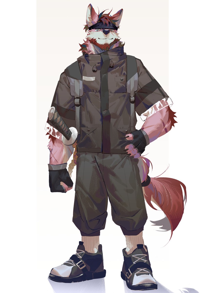 accessory anthro asian_sword backpack bottomwear claws clothed clothing facial_hair fingerless_gloves footwear gloves hair handwear headband jacket looking_at_viewer male melee_weapon muscular muscular_anthro muscular_male shoes simple_background smile solo sword tail topwear weapon white_background seatohao canid canine canis mammal wolf 2021 full-length_portrait hi_res portrait