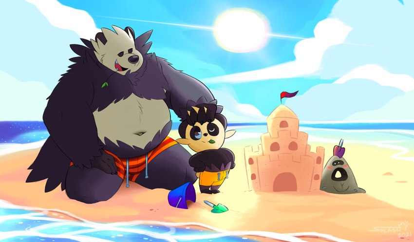 anthro beach black_body black_fur black_nose bucket bulge clothing cloud container fur group hand_on_head leaf male multicolored_body multicolored_fur navel outside overweight overweight_male sand sand_castle sculpture seaside shovel sun swimwear tools two_tone_body two_tone_fur water white_body white_fur splashburr nintendo pokemon elemental_creature generation_6_pokemon generation_7_pokemon mineral_fauna pancham pangoro pokemon_(species) sand_creature sandygast 2021 hi_res