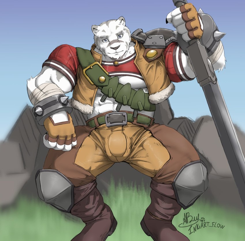 abs anthro barazoku belt biceps big_pecs boots bottomwear bulge clothed clothing footwear fur grass grey_body grey_fur grey_nose holding_object holding_weapon looking_at_viewer male manly melee_weapon multicolored_body multicolored_fur muscular muscular_anthro muscular_male outside pants pecs plant presenting presenting_bulge rock round_ears shirt shoes sitting sky smile solo spread_legs spreading sword thick_thighs topwear triceps vest weapon white_body white_fur inkart_flow grimoire_of_zero mercenary_(grimoire_of_zero) felid mammal pantherine tiger 2021 hi_res