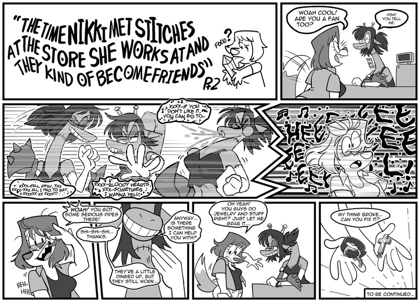 anthro blush border cross dialogue duo female pincers singing speech_bubble swept_hair tail tail_motion tailwag text white_border galactabee nikki_(galactabee) stitches_(galactabee) canid canine canis chimera domestic_dog giraffe giraffid mammal patchwork_creature 2022 absurd_res comic english_text greyscale hi_res monochrome