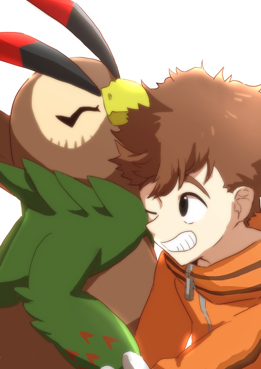 anthro beak brown_body brown_feathers brown_hair duo eyes_closed feathers hair male smile mofumi_corvus bandai_namco digimon digimon_survive minoru_hyuga digimon_(species) falcomon human mammal absurd_res hi_res