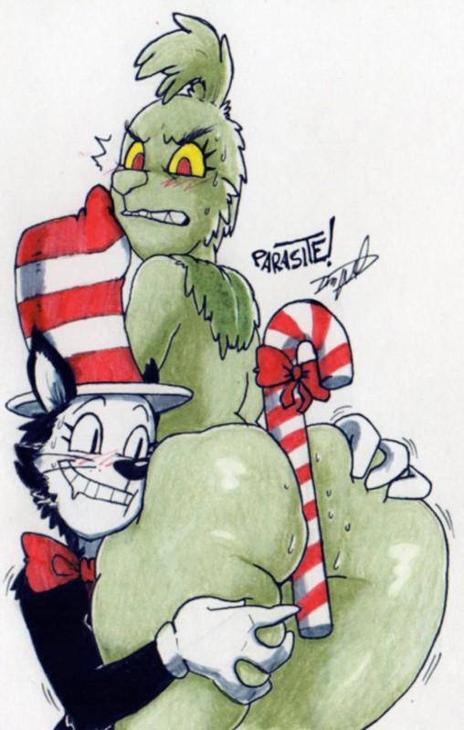 big_butt black_body black_fur butt candy candy_cane clothing deep_skin dessert duo food fur green_body green_fur hat headgear headwear huge_butt male male/male top_hat parasitedeath dr._seuss how_the_grinch_stole_christmas! the_cat_in_the_hat grinch the_cat_(the_cat_in_the_hat) domestic_cat felid feline felis humanoid mammal hi_res traditional_media_(artwork)