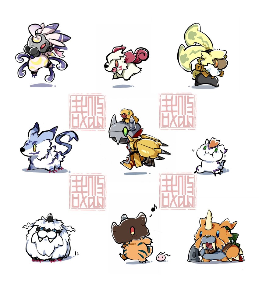 anthro blue_eyes chibi feral group horn long_ears male ponytail_ears tusks youzaiyouzai112 bandai_namco digimon digimon_ghost_game digimon_(species) garurumon gomamon greymon ikkakumon labramon lagomorph lekismon leporid mammal rabbit symbareangoramon wargreymon zudomon hi_res