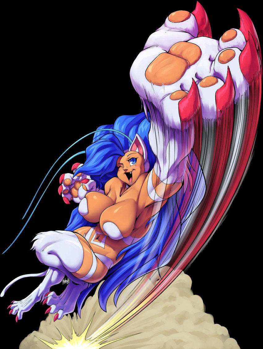 action_pose big_breasts blue_hair breasts claws cleavage clothed clothing female fur hair long_hair motion_lines navel one_eye_closed pawpads pose solo tail tan_body tan_skin white_body white_fur wink milkybody capcom darkstalkers felicia_(darkstalkers) animal_humanoid cat_humanoid felid felid_humanoid feline feline_humanoid humanoid mammal mammal_humanoid alpha_channel hi_res