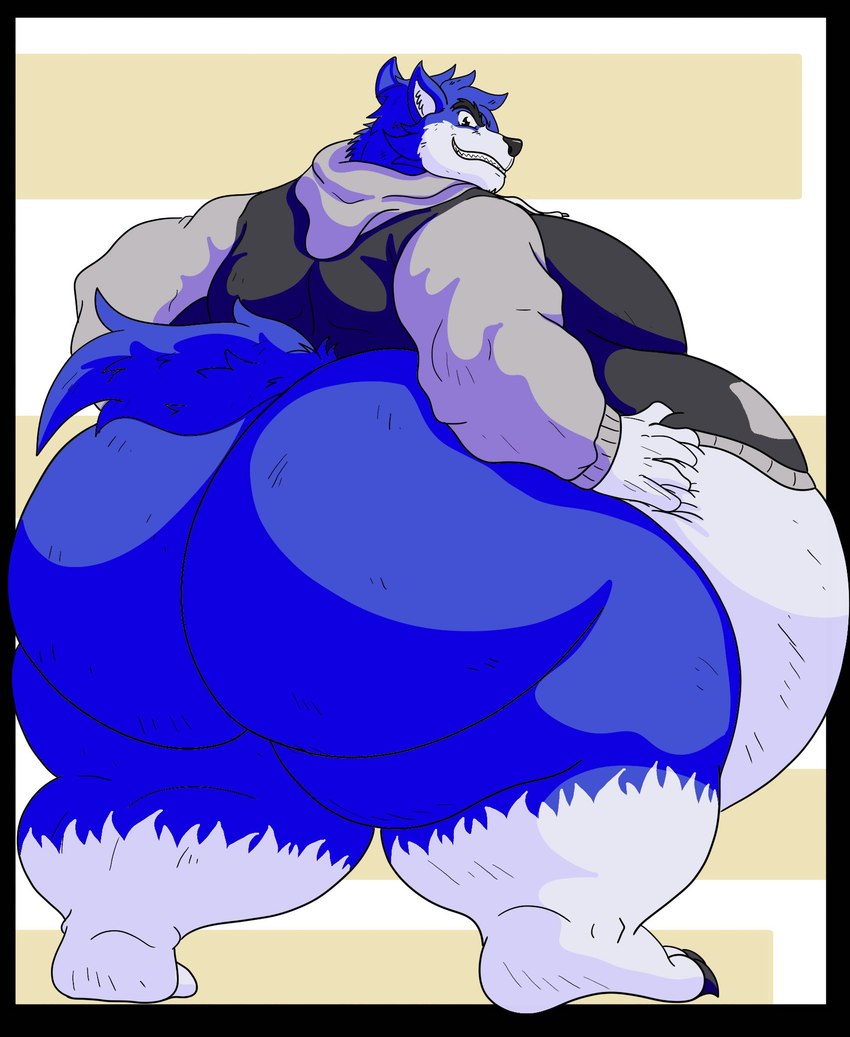 anthro belly big_belly big_butt blue_body blue_fur bottomless bottomless_anthro bottomless_male butt claws clenched_teeth clothed clothing evil_grin fangs fur jacket jacket_only looking_at_viewer looking_back looking_back_at_viewer male obese obese_anthro obese_male overweight overweight_anthro overweight_male rear_view smile smiling_at_viewer solo standing teeth thick_thighs topwear topwear_only wide_hips zangokunatenshi voodoo_(kitsunezero) canid canine canis mammal wolf 2024 hi_res