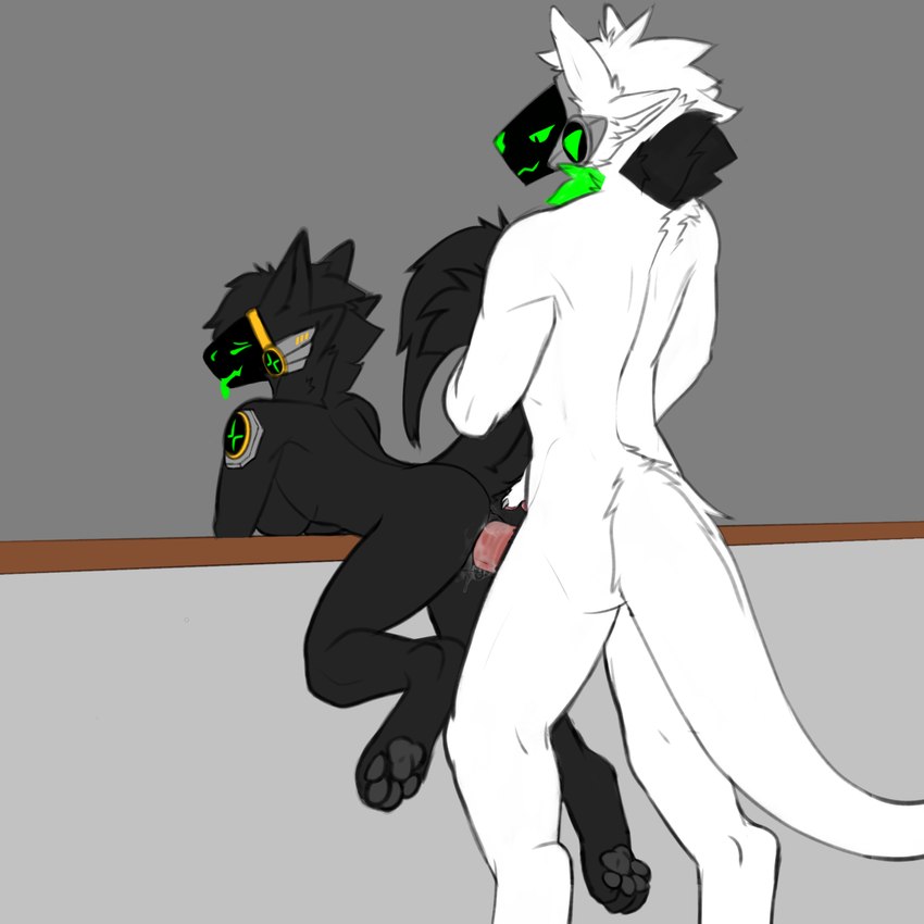 4_ears anthro anus black_anus black_body black_markings black_pawpads bodily_fluids duo female female_penetrated from_behind_position genital_fluids green_markings holding_butt holding_tail looking_pleasured machine male male/female male_penetrating male_penetrating_female markings multi_ear neck_tuft pawpads penetration railing sex shoulder_pads simple_background size_difference smug tail tongue tongue_out tuft vaginal vaginal_fluids vaginal_penetration white_body anonymous_artist ares_(nsa) case_(fluffymurderrobot) hybrid protogen sergal 1:1 hi_res