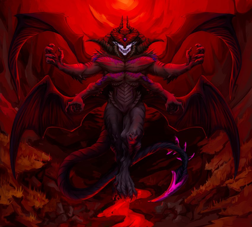 4_arms 4_pecs 4_wings 6_eyes anthro black_body blade body_spikes flying grin hell horn hovering looking_at_viewer male multi_arm multi_eye multi_limb multi_pecs multi_wing muscular muscular_male pecs purple_eyes scales sharp_teeth smile solo tail tail_blade teeth weapon_tail wings sovierdas corinoch demon absurd_res hi_res