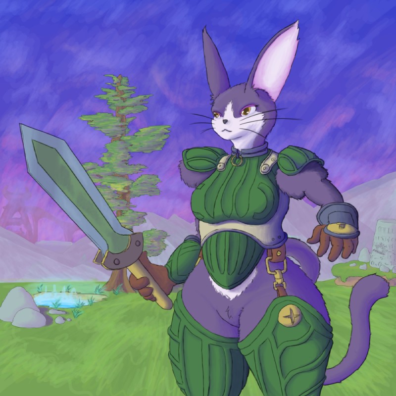 anthro armor boob_armor bottomless bracers breasts clothed clothing collar crotch_tuft cuirass cuisse eyeliner featureless_crotch female field fur gloves grass greaves handwear makeup melee_weapon mountain plackart plant pond pupils purple_body purple_fur rock ruins shoulder_guards sky slit_pupils solo sword thick_thighs tree tuft vambrace water weapon whiskers wide_hips bludragoon .hack cyberconnect2 mia_(.hack) domestic_cat felid feline felis mammal 1:1 2017