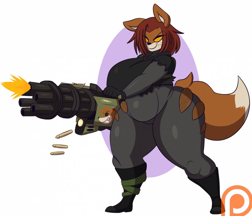 anthro belly big_belly big_breasts black_boots black_clothing black_footwear black_gloves black_handwear black_topwear bodysuit boots breasts clothed clothing dipstick_tail female footwear fur gatling_gun gloves grey_bodysuit grey_clothing grey_skinsuit gun hair handwear holding_object holding_weapon huge_breasts huge_thighs kill_count machine_gun markings minigun muzzle_flash orange_body orange_fur overweight patreon_logo ranged_weapon red_hair shoes shooting shooting_gun simple_background simple_eyes skinsuit slightly_chubby slightly_chubby_anthro slightly_chubby_female solo spent_casing standing tail tail_markings tally_marks thick_thighs tight_clothing topwear torn_clothing weapon western_tally_marks yellow_eyes dewwydarts patreon maddie_(dewwydarts) canid canine fox mammal 2023 hi_res