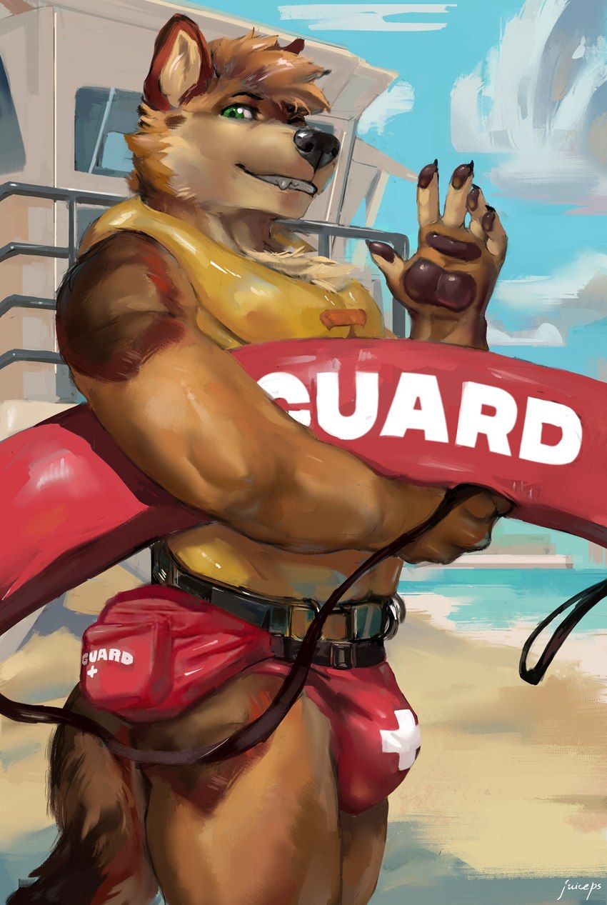 5_fingers anthro beach belt_pouch black_nose black_pawpads brown_body brown_fur bulge chest_tuft claws clothed clothing countershading fangs finger_claws fingers fur humanoid_hands life_jacket life_preserver lifeguard lifeguard_tower male pawpads sand seaside smile solo speedo standing swimwear teeth tuft juiceps levi_sheppy_(betaetadelota) canid canine canis domestic_dog german_shepherd herding_dog mammal pastoral_dog 2021 hi_res signature