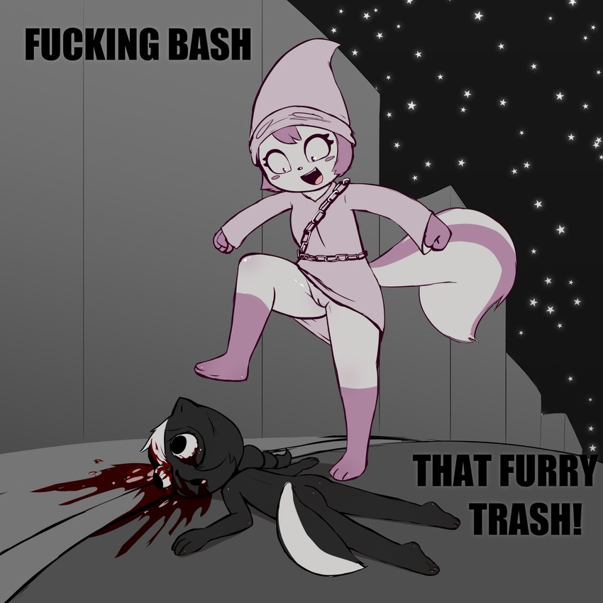 albino anthro aroused barefoot blush blush_stickers bodily_fluids bottomless brain breasts butt chain child_murder city clothed clothing constricted_pupils corpse curb curb_stomping cute_fangs dangling_eyeball dark dark_humor death duo fangs fatal_wound feet female female_dominating_female fist fluffy fluffy_tail genital_fluids genitals gore happy head_wound insane irony killing ku_klux_klan leg_markings markings morbid mutilation night no_underwear nude organs parody profanity pupils pussy racism robe severe_wound small_breasts small_pupils snuff socks_(marking) soles star street striped_markings striped_tail stripes tail tail_markings teeth text upskirt vaginal_fluids young e254e american_history_x charlotte_(e254e) khloe_(e254e) mammal mephitid skunk 2024 absurd_res english_text hi_res