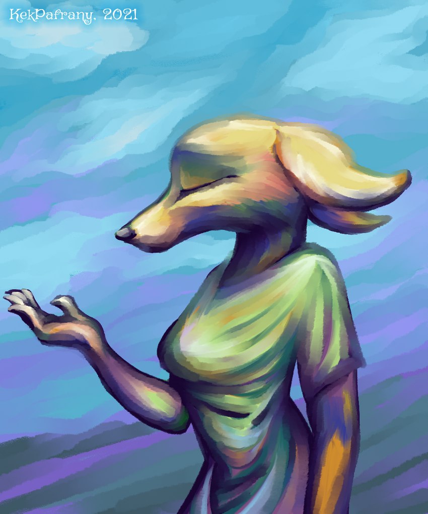 anthro blue_sky clothed clothing dress eyes_closed female fur green_clothing impressionism impressionist outside sky solo yellow_body yellow_fur kekpafrany canid canine fennec_fox fox mammal true_fox 2021 cool_colors hi_res signature