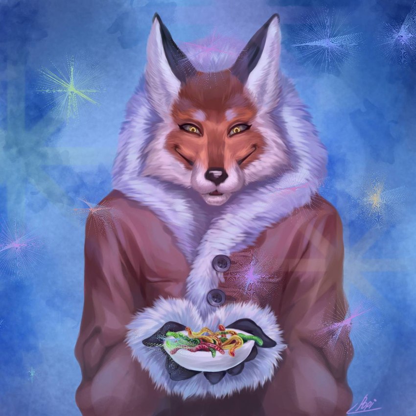 anthro breasts clothed clothing coat female food fur gloves handwear marmalade_(food) multicolored_body multicolored_fur open_mouth smile snow solo standing sweets topwear winter winter_coat yellow_eyes popiartist tiny_bunny alice_the_vixen canid canine fox hybrid mammal 1:1 2023 hi_res