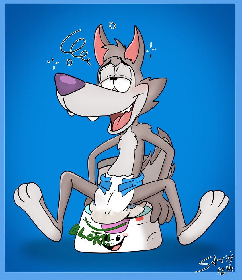 anthro clothed clothing diaper feces male pooping potty potty_chair potty_training soiled_diaper soiling soiling_diaper solo unclean_diaper used_diaper wearing_diaper strigiform_(artist) cookie_crisp chip_the_wolf canid canine canis mammal wolf artist_name better_version_at_source hi_res signature