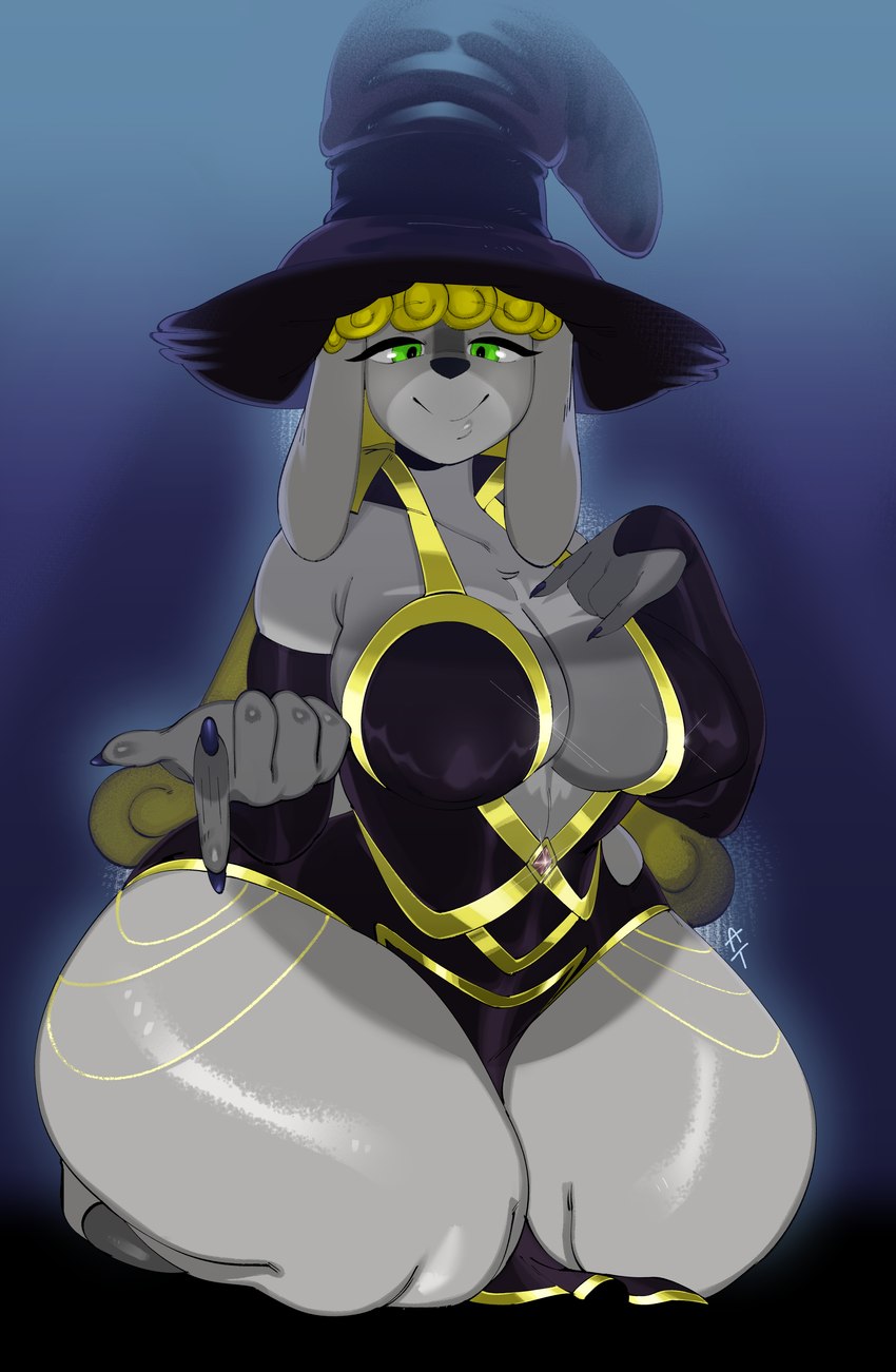 anthro armwear big_breasts breasts bridal_gauntlets cleavage clothed clothing curvy_figure female gesture green_eyes hat headgear headwear huge_breasts inviting kneeling looking_at_viewer magic_user solo thick_thighs voluptuous wide_hips witch witch_hat atotekio canid canine canis domestic_dog mammal absurd_res hi_res