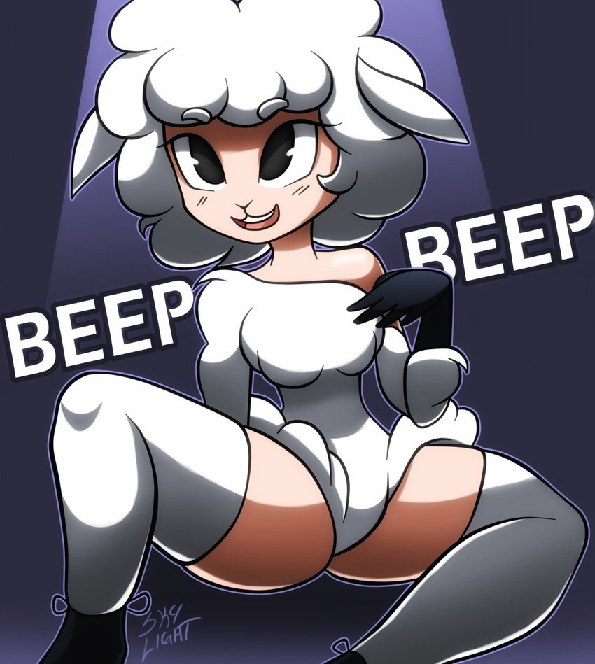 anthro blush clothing female legwear solo spread_legs spreading text thick_thighs thigh_highs skylight_(artist) asdfmovie beep_beep_i'm_a_sheep droopy_(series) metro-goldwyn-mayer sheep_wrecked leggy_lamb bovid caprine mammal sheep english_text hi_res meme