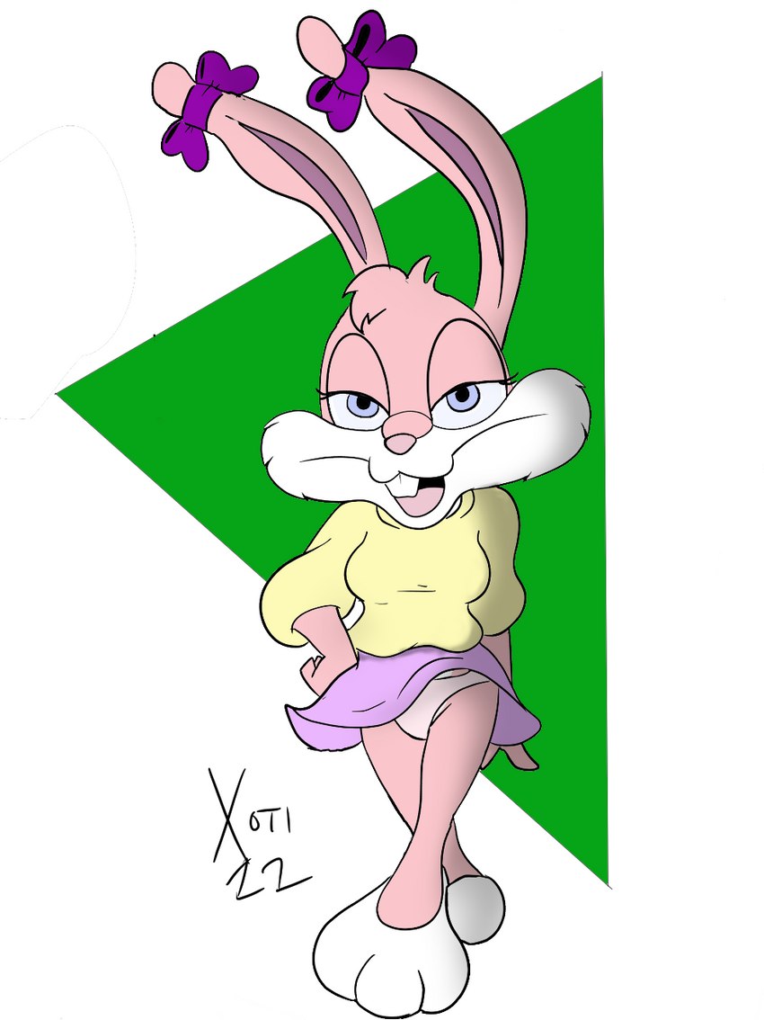 anthro bottomwear clothed clothing clothing_lift female hand_on_hip panties panty_shot raised_bottomwear raised_clothing raised_skirt skirt skirt_flip skirt_lift solo sweater topwear underwear xoti_(artist) tiny_toon_adventures warner_brothers babs_bunny hi_res