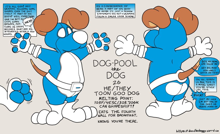 anthro blue_clothing clothing latex latex_clothing latex_skinsuit male skinsuit solo spandex spandex_suit text tight_clothing toony doodledoggy dog-pool doodle_(doodledoggy) canid canine canis domestic_dog goo_creature mammal absurd_res english_text hi_res model_sheet