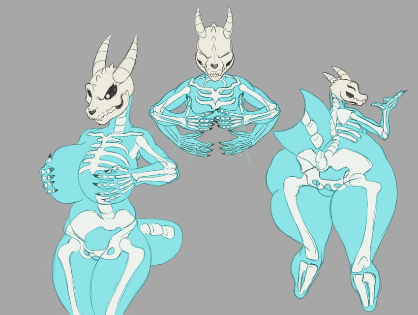 anthro bone breasts claws fangs female horn simple_background skeleton solo teeth wide_hips lugen_kobold skeley goo_creature goo_humanoid humanoid kobold scalie hi_res