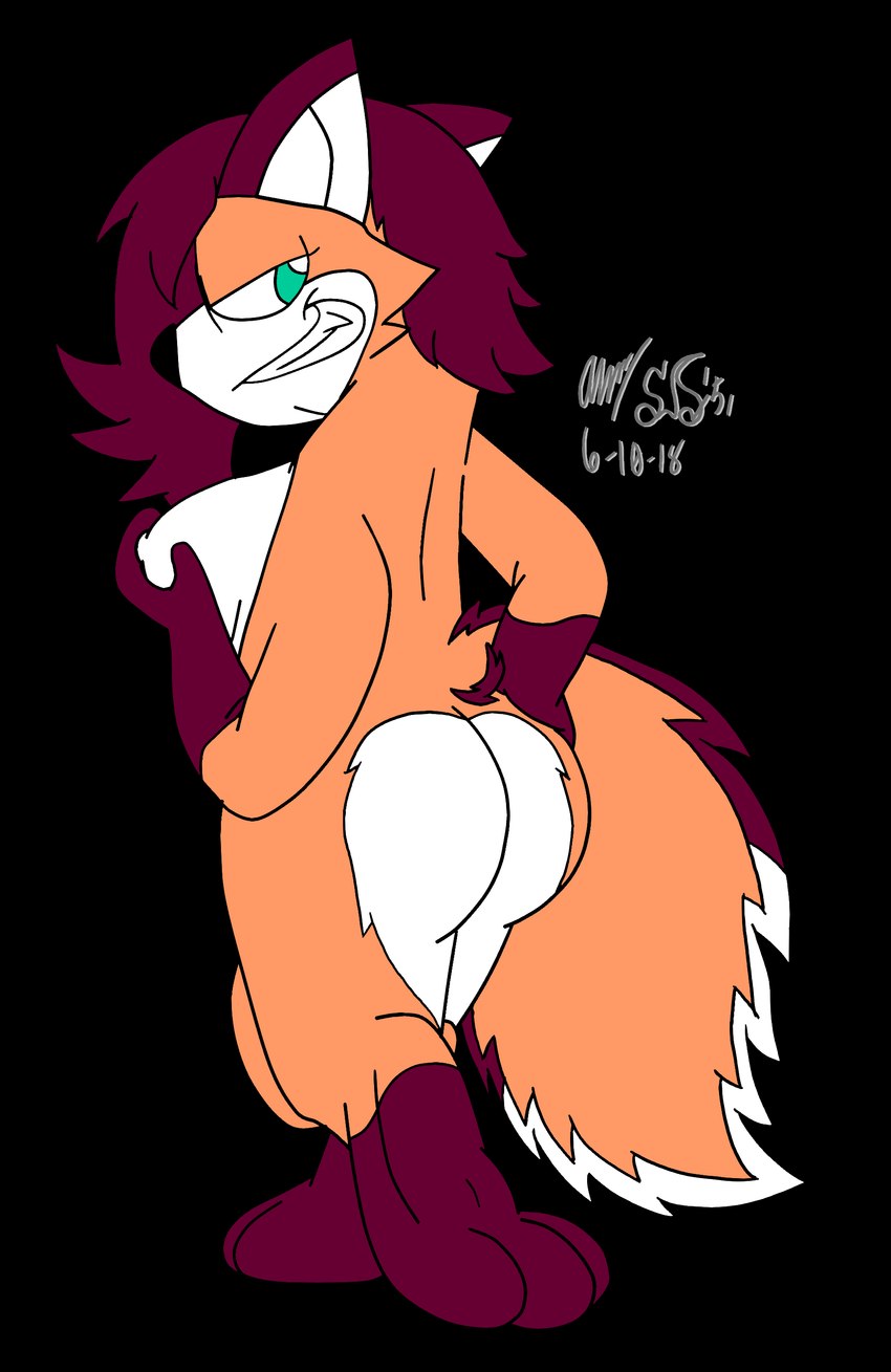 anthro big_breasts big_butt breasts brown_body brown_fur brown_hair butt female fluffy fluffy_tail fur green_eyes hair hand_on_breast hand_on_butt looking_at_viewer looking_back looking_back_at_viewer multicolored_body multicolored_fur nipples nude orange_body orange_fur rear_view smile solo tail teeth white_body white_fur ssecrets151 macy canid canine fox mammal absurd_res alpha_channel hi_res