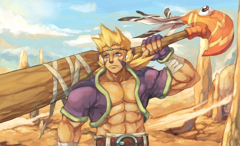 abs belt biceps blonde_hair blue_eyes clothed clothing frown hair male muscular muscular_male open_clothing open_shirt open_topwear pecs shirt solo tattoo topwear weapon pockyrumz breath_of_fire capcom cray human mammal