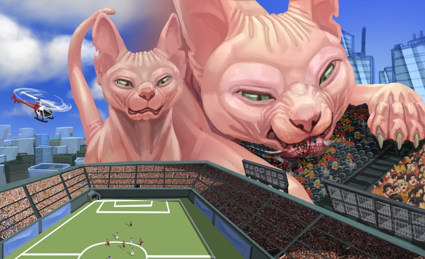 blood bodily_fluids city destruction drooling extreme_size_difference feral feral_pred hairless macro male oral_vore partially_inside rampage saliva size_difference tongue vore epeon meeko domestic_cat felid feline felis hairless_cat mammal sphynx_(cat) absurd_res hi_res