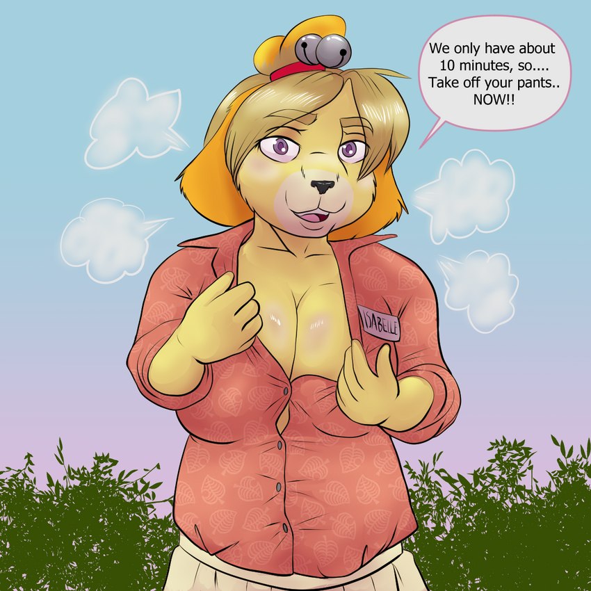 anthro breasts clothed clothing curvy_figure female in_heat partially_clothed slightly_chubby solo text voluptuous wide_hips espent animal_crossing nintendo isabelle_(animal_crossing) canid canine canis domestic_dog mammal 1:1 english_text hi_res