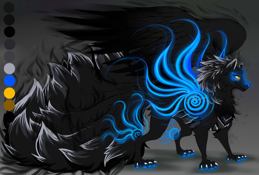 9_tails black_body black_fur feathered_wings feathers female feral fur glowing glowing_flesh glowing_markings grey_background markings multi_tail simple_background solo standing tail wings athena0023 etis canid canine canis hybrid mammal spirit_wolf wolf absurd_res alternate_version_at_source hi_res