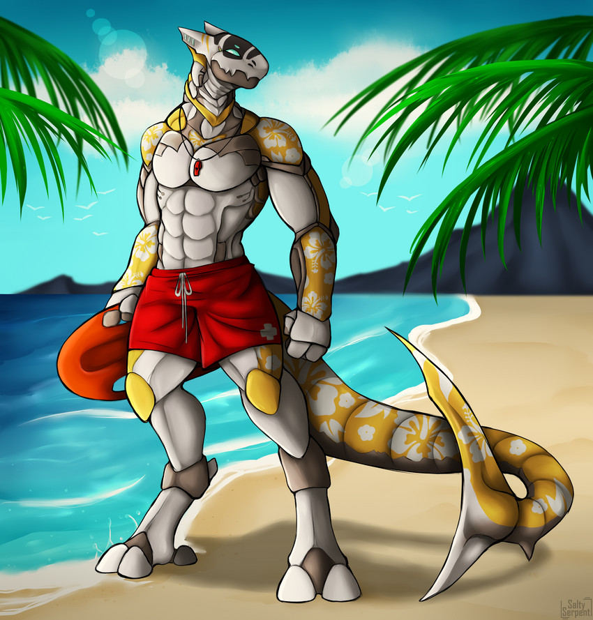 anthro athletic athletic_anthro athletic_male beach bottomwear clothing detailed_background lifeguard machine male outside rescue_buoy seaside shorts solo standing tail tattoo tropical whistle_(object) saltyserpent fish marine robot shark synth_(vader-san) 2020 absurd_res hi_res