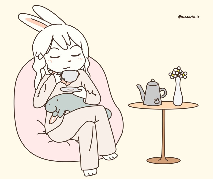 anthro bean_bag beverage coffee coffee_cup container cup female flower furniture kettle plant solo table manatails manateebun_(manatails) lagomorph leporid mammal manatee marine rabbit sirenian hi_res