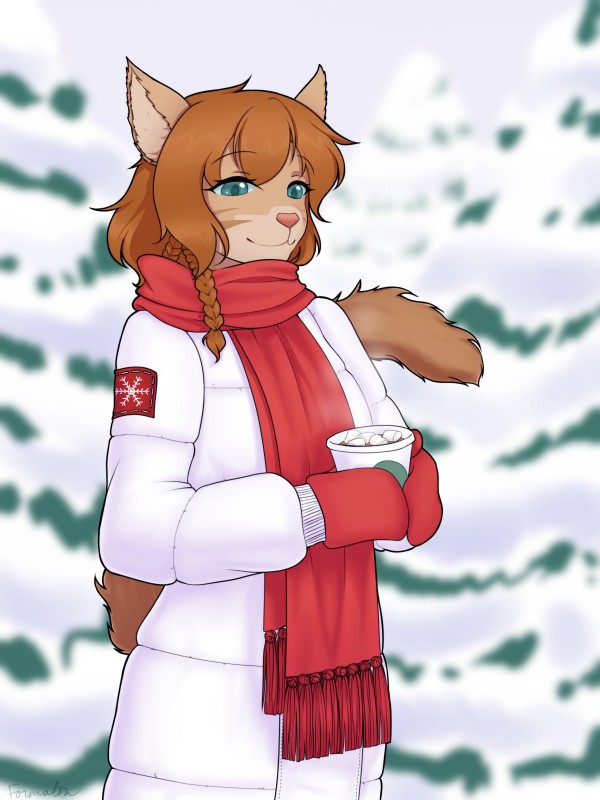 anthro beverage blue_eyes candy clothed clothing coat dessert female food hair marshmallow outside red_hair scarf smile snow solo topwear formalin kayla_angel domestic_cat felid feline felis mammal 2019 3:4 absurd_res hi_res