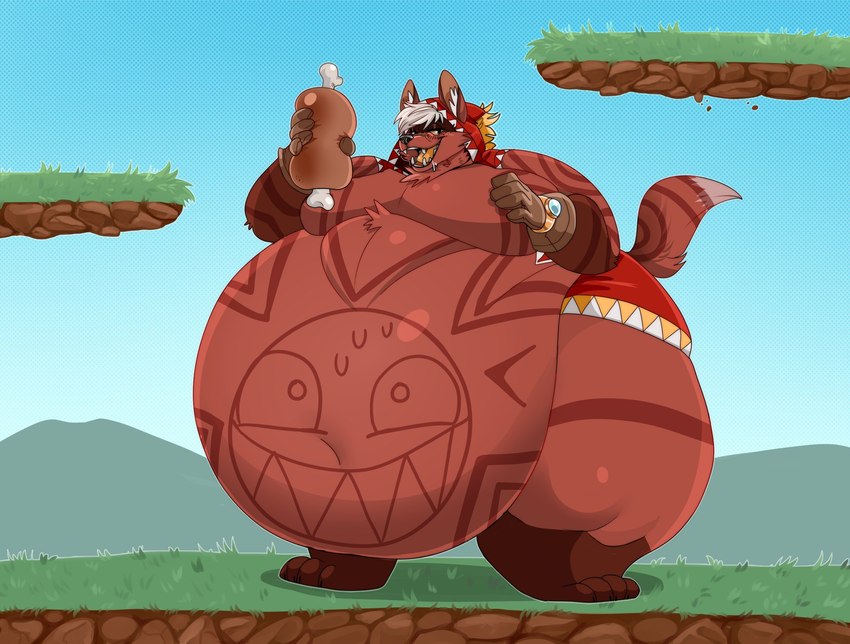 anthro bedroom_eyes belly big_belly bodily_fluids clothing fangs food fur gloves hair handwear holding_food holding_meat holding_object hood huge_belly huge_thighs hyper hyper_belly male markings meat narrowed_eyes navel obese obese_anthro obese_male open_mouth orange_sclera orange_tongue overweight overweight_anthro overweight_male red_body red_fur seductive sharp_teeth solo standing sweat sweatdrop tattoo teeth thick_thighs tongue tribal tribal_markings white_hair secretcorgi tribal_hunter pyrocynical canid canine fox mammal 2021 hi_res