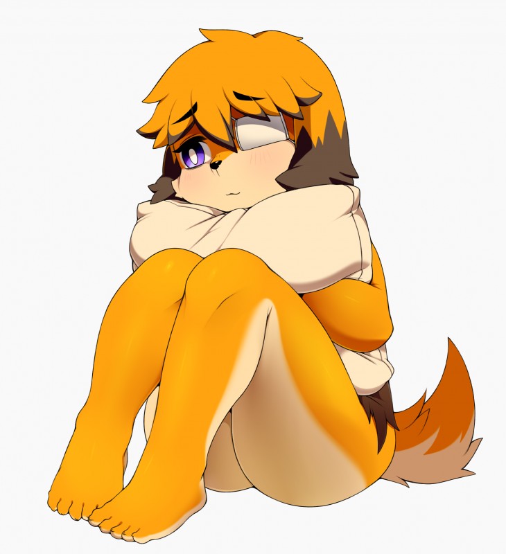 ambiguous_gender anthro barefoot biped blush brown_body brown_fur butt countershading eye_patch eyelashes eyewear feet fur orange_body orange_fur pillow pupils purple_eyes simple_background smile solo tan_body tan_fur white_background white_pupils berseepon09 dog_girl_(berseepon09) canid canine canis domestic_dog mammal absurd_res digital_media_(artwork) hi_res