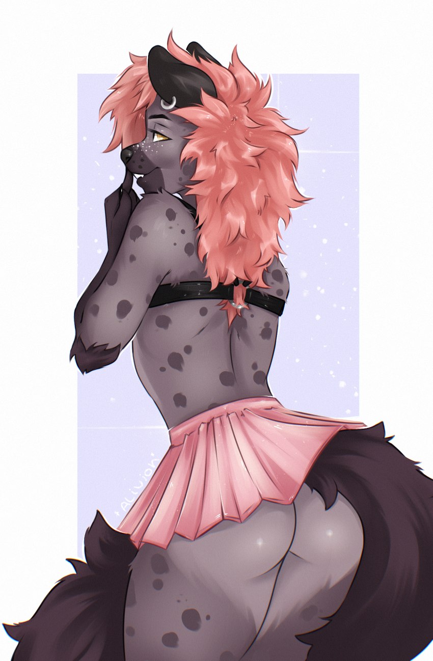 anthro bottomwear butt clothed clothing crossdressing femboy male skirt solo alivion hyena mammal hi_res