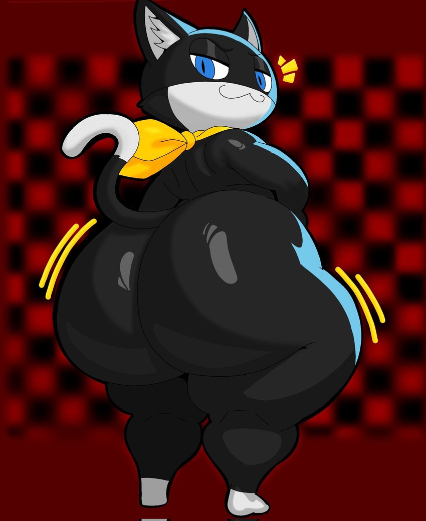 anthro bedroom_eyes big_butt biped black_body black_fur blue_eyes bottom_heavy butt butt_focus checkered checkered_background dipstick_tail fur glistening glistening_butt huge_butt huge_hips huge_thighs inner_ear_fluff kerchief leg_markings looking_back male markings mask narrowed_eyes neckerchief neckwear nude pattern_background rear_view seductive simple_background smile smug smug_face socks_(marking) solo standing tail tail_markings teapot_(body_type) thick_thighs tuft white_body white_fur wide_hips nitrozo persona_(series) persona_5 morgana_(persona) domestic_cat felid feline felis mammal tuxedo_cat hi_res