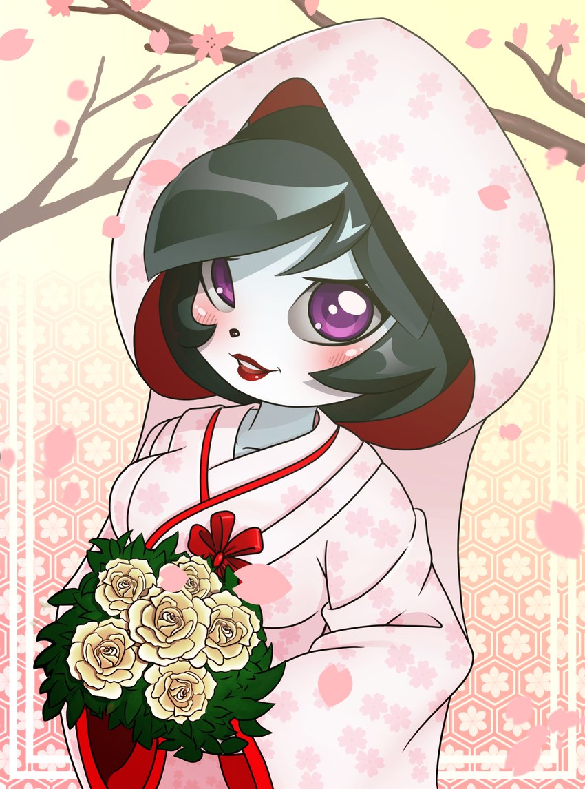 anthro asian_clothing blush bouquet cherry_blossom clothing dress east_asian_clothing female flower grin japanese_clothing kimono looking_at_viewer plant prunus_(flower) smile solo wedding_dress chacrawarrior freedom_planet galaxytrail neera_li bear giant_panda mammal hi_res