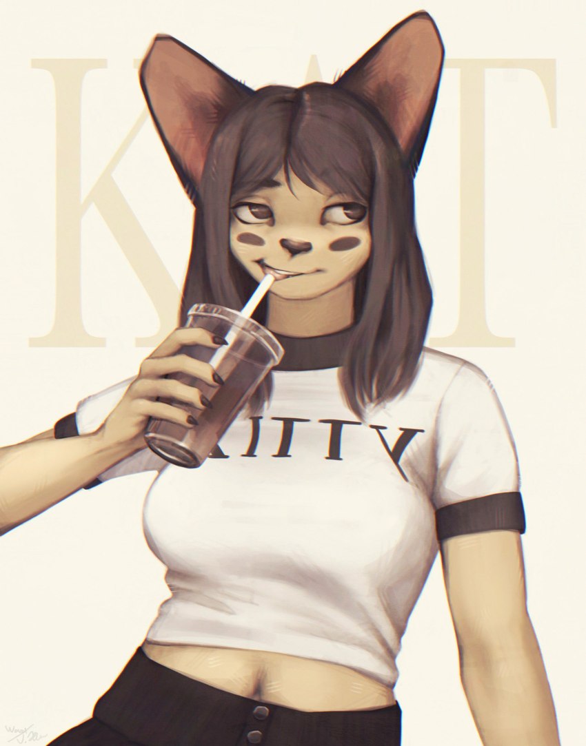 anthro bangs beverage big_breasts black_bottomwear black_clothing black_ears black_eyebrows black_skirt bottomwear breasts brown_claws brown_eyes brown_hair brown_markings brown_nose brown_pupils cheek_markings claws clothed clothed_anthro clothed_female clothing container crop_top cup drinking_straw eyebrows facial_markings female female_anthro finger_claws fingers front_view fully_clothed fully_clothed_anthro fully_clothed_female fur hair head_markings holding_beverage holding_container holding_cup holding_object humanoid_hands lidded_eyes long_hair looking_aside markings midriff navel open_mouth open_smile orange_inner_ear pink_tongue pupils shirt simple_background skirt smile solo t-shirt teeth text text_on_t-shirt tongue tongue_out topwear white_background white_clothing white_crop_top white_sclera white_shirt white_t-shirt white_topwear yellow_body yellow_fur wavei domestic_cat felid feline felis mammal half-length_portrait hi_res portrait