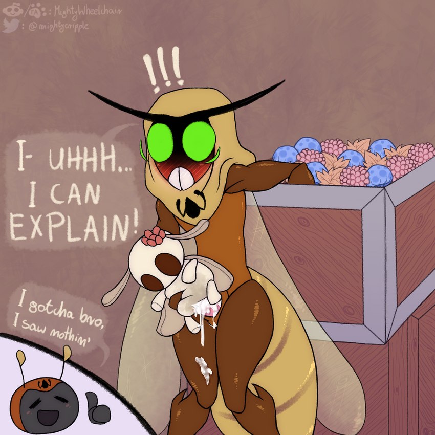 antennae_(anatomy) anthro arthropod_abdomen blush blush_lines blushing_profusely bodily_fluids caught_in_the_act caught_masturbating cum duo embarrassed exclamation_point genital_fluids gesture hand_gesture holding_object holding_plushie hood insect_wings male masturbation plushie plushophilia sex_doll shocked skinny slightly_muscular soaked_plushie solo_focus speech_bubble thick_thighs thumbs_up translucent translucent_wings wings mightywheelchair bug_fables moonsprout_games bandit_(bug_fables) burglar_(bug_fables) arthropod cricket insect orthopterid 1:1 hi_res