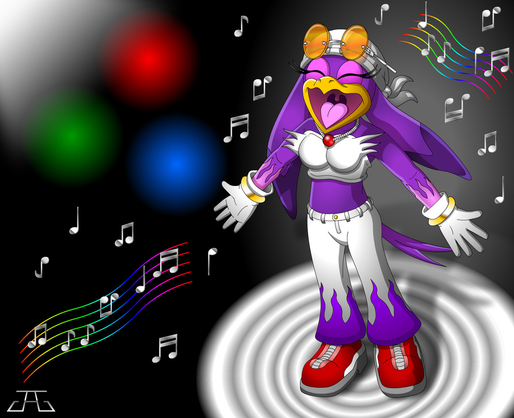 anthro arms_wide_open beak boots bottomwear breasts clothing eyes_closed eyeshadow eyewear eyewear_on_head feathers female footwear glasses glasses_on_head gloves gloves_(marking) hands_open handwear jewelry kerchief makeup markings musical_note musical_symbol necklace pants pink_eyeshadow rainbow shoes singing solo spotlight_beam symbol tail tail_feathers tongue topwear tube_top uvula wide-open_mouth yellow_beak kazuo_ichigama sega sonic_riders sonic_the_hedgehog_(series) wave_the_swallow avian bird hirundinid oscine passerine swallow_(bird) 2012 hi_res signature