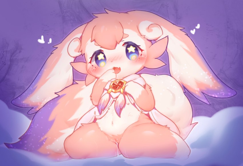 anthro bed bodily_fluids detailed_background female fur furniture genital_fluids genitals kneeling open_mouth open_smile pink_body pink_fur pussy saliva smile solo sweat tan_body tan_fur vaginal_fluids deaic honkai:_star_rail mihoyo mem_(honkai:_star_rail) lagomorph leporid mammal rabbit hi_res