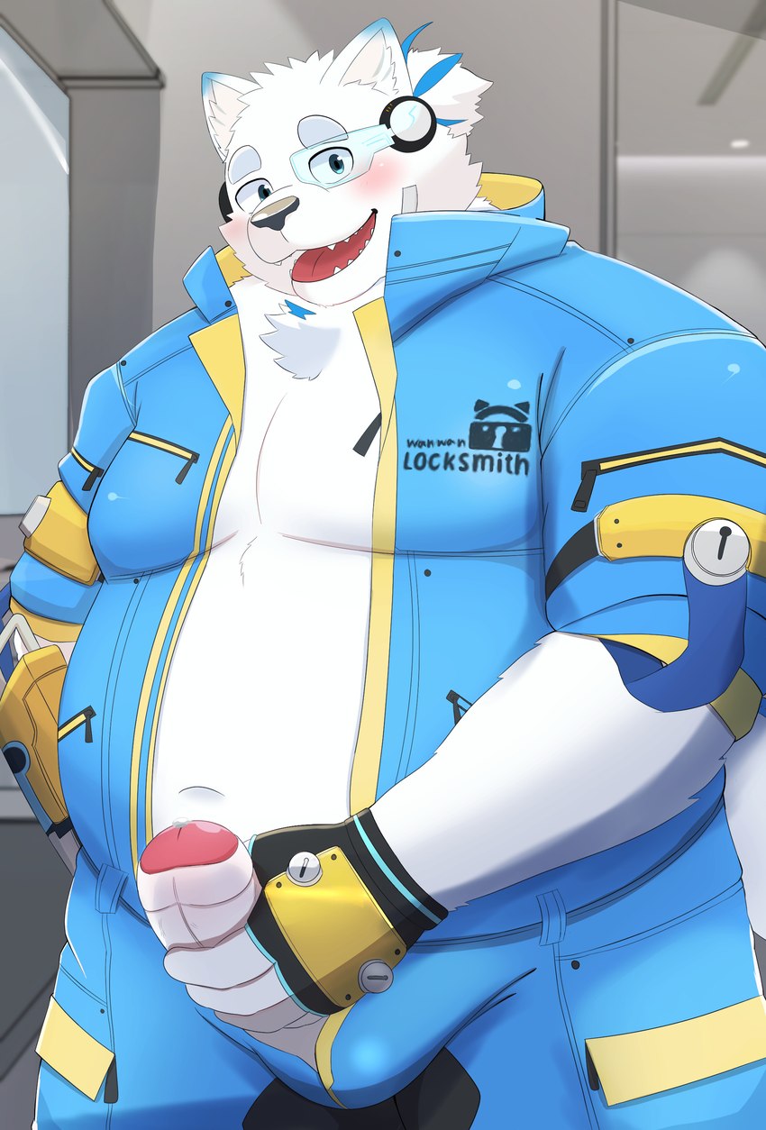 anthro belly big_belly black_nose blush detailed_background erection genitals humanoid_hands kemono male moobs navel overweight overweight_male penis solo white_body inugamihito lifewonders live_a_hero yohack canid canine canis domestic_dog mammal nordic_sled_dog samoyed spitz 2023 absurd_res hi_res