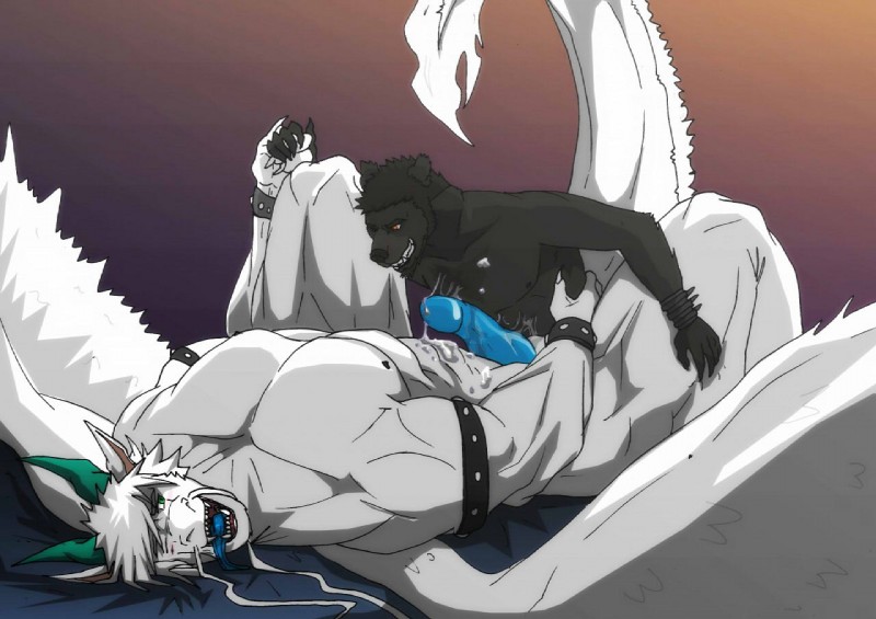 anthro big_penis bodily_fluids cum duo erection genital_fluids genitals holding_paws leather male male/male penis power_bottom size_difference small_dom_big_sub tail tongue tongue_out joaobear mythology sckhar angel_dragon dragon mythological_creature mythological_scalie scalie