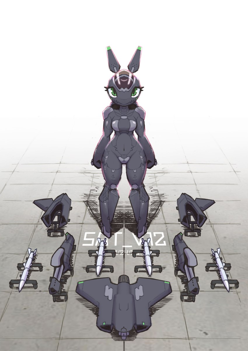 aircraft anthro blush breasts female front_view green_eyes gun looking_at_viewer machine navel ranged_weapon rocket simple_background smile solo standing vehicle weapon sat_v12 f-35 aircraft_humanoid living_aircraft living_machine living_vehicle 2020 digital_media_(artwork) hi_res