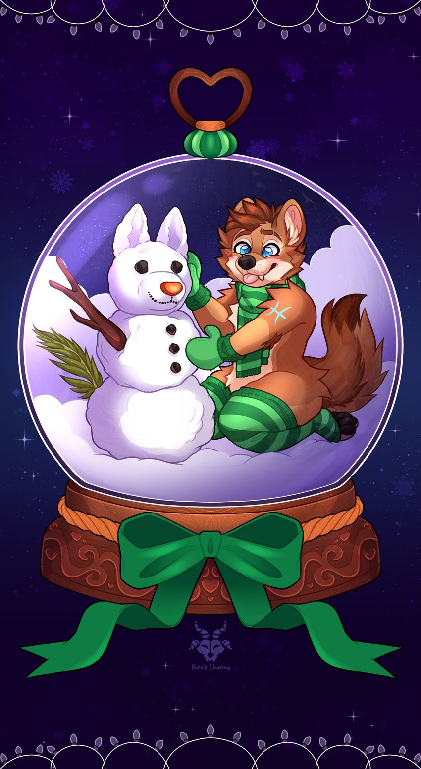 anthro arm_tattoo astrological_symbol blue_eyes clothing handwear holidays leg_warmers legwear male mittens ornament pisces_(symbol) scarf snow_globe snowman solo symbol tattoo tongue tongue_out western_zodiac_symbol narwilltharu christmas cain_the_dingo canid canine canis dingo mammal absurd_res hi_res